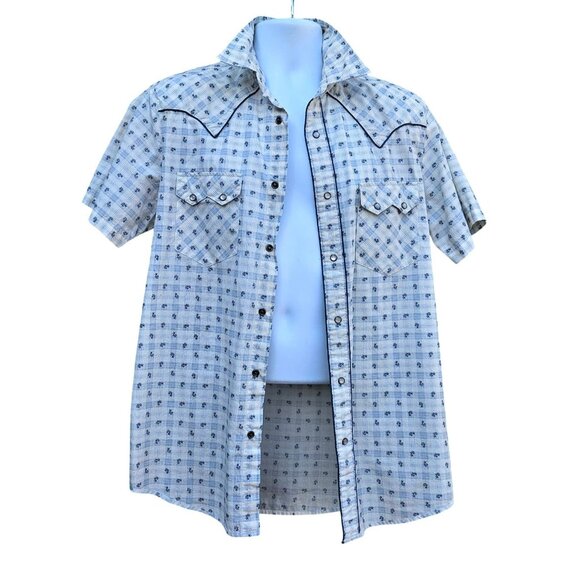 Ralph Lauren Polo Jeans Western Pearl Snap Shirt M Blue White Short Sleeve Y2K - Picture 2 of 11